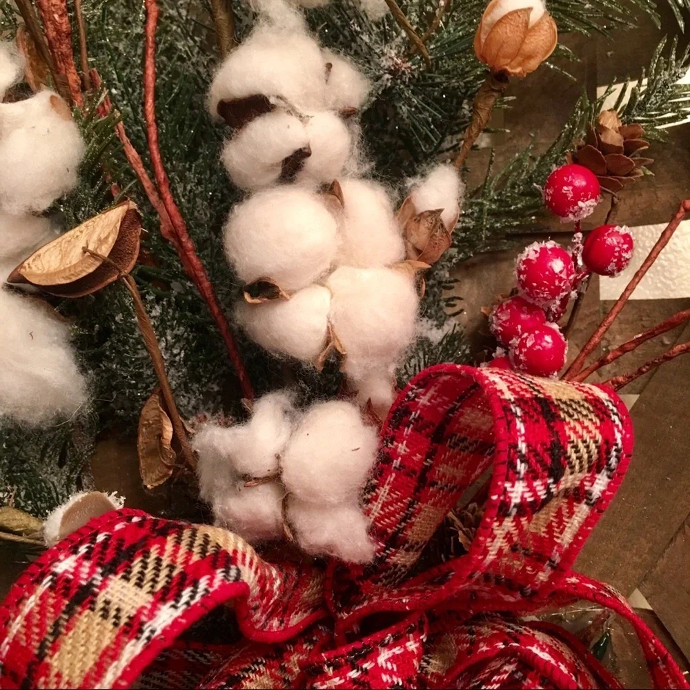 New Farmhouse Christmas Floral Plaid Rustic Winter Cotton Tobacco Basket